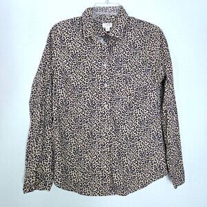 J. Crew Navy & Beige Cheetah Print Cotton Button Down Blouse Size M
